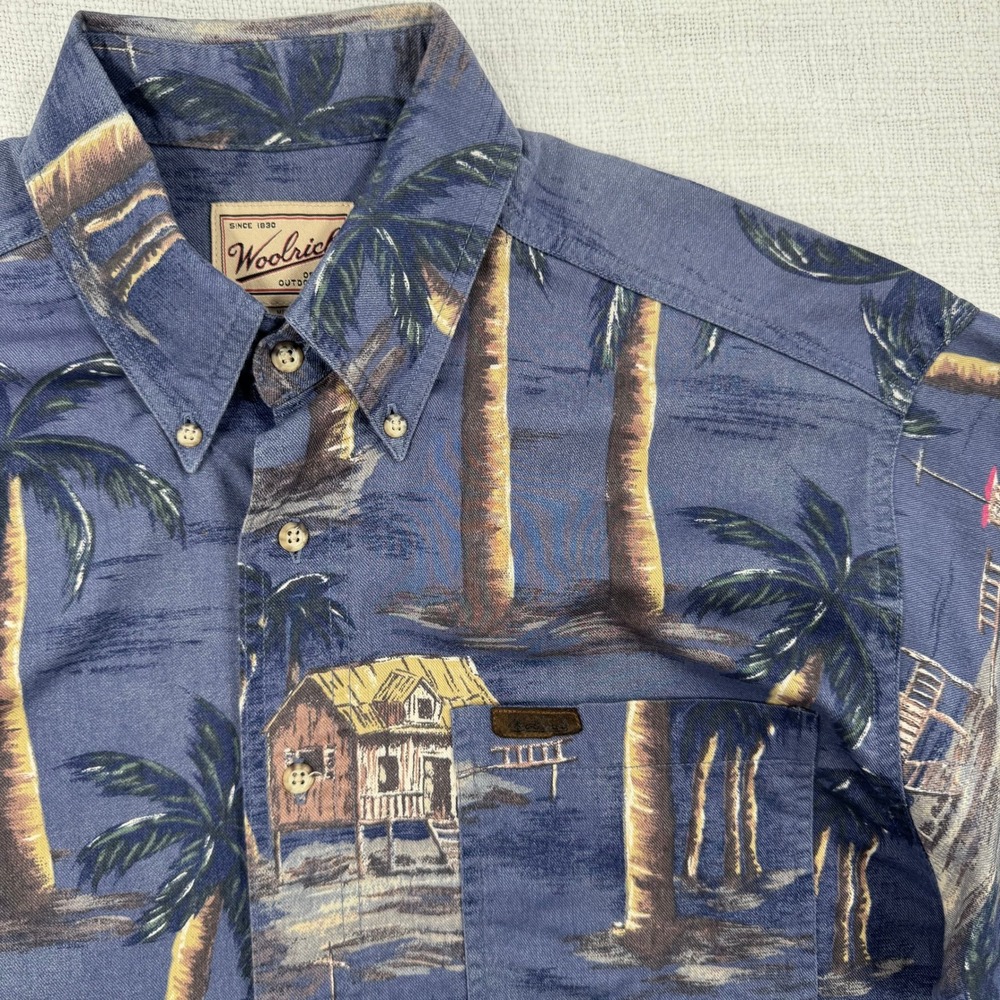Vintage Y2K Woolrich Mens Tropical Palm Tree Beach Hut‎ Hawaiian Camp Button Up